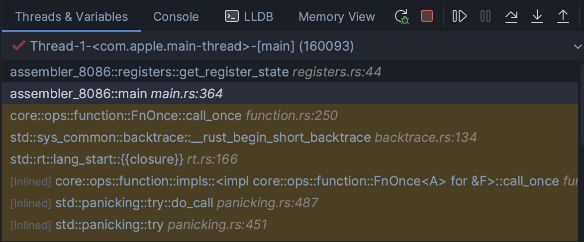 main.rs:364 calls the get_register_state function that triggers the panic.